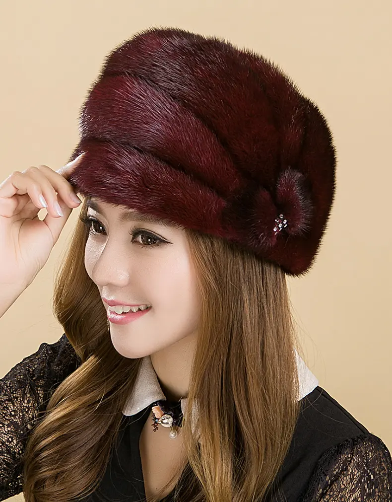 Genuine Whole Mink Fur Beret Hat Women Burgundy Real Fur Cloche Cap