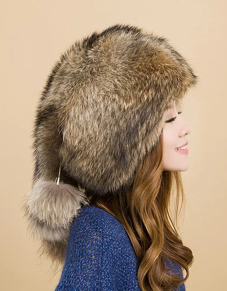 Genuine Raccoon Fur Trapper Hat Women Winter Fluffy Ear Flap Bomber Hat