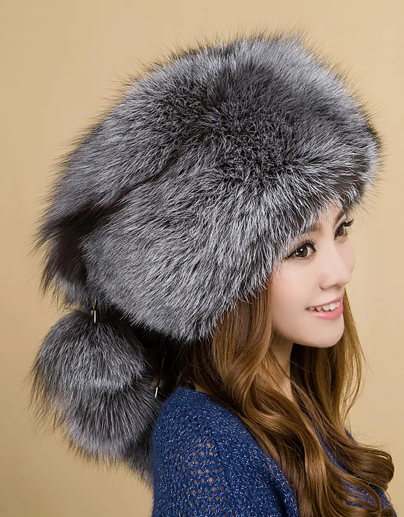 Genuine Whole Silver Fox Fur Beret Hat Women Winter Fluffy Fur Scarf Hat