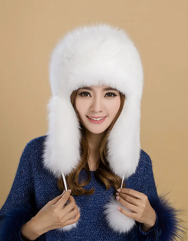 Women White Real Fox Fur Trapper Hat Warm Ear Flap Winter Hat