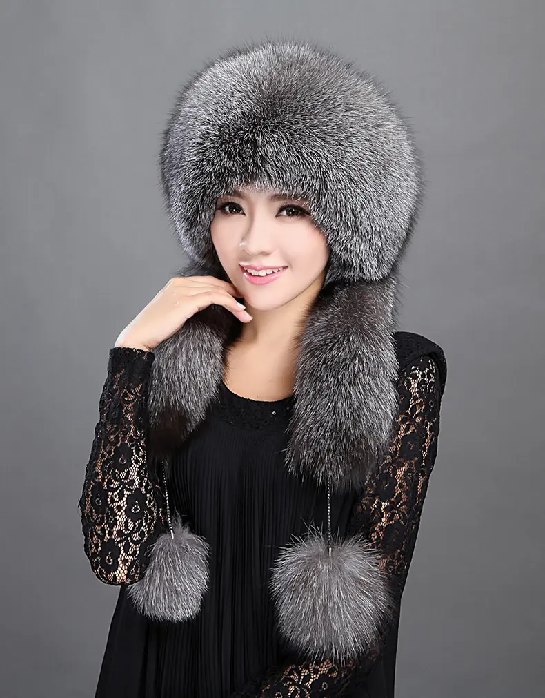 Women Silver Fox Fur Scarf Hat Rex Rabbit Fur Top Winter Warm Trapper Hat