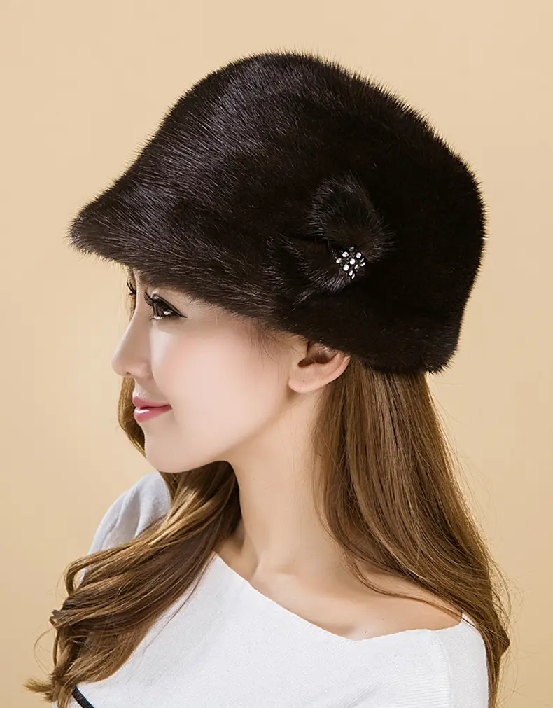 Genuine Whole Mink Fur Bucket Hat Women Rhinestone Flower Winter Fur Cap