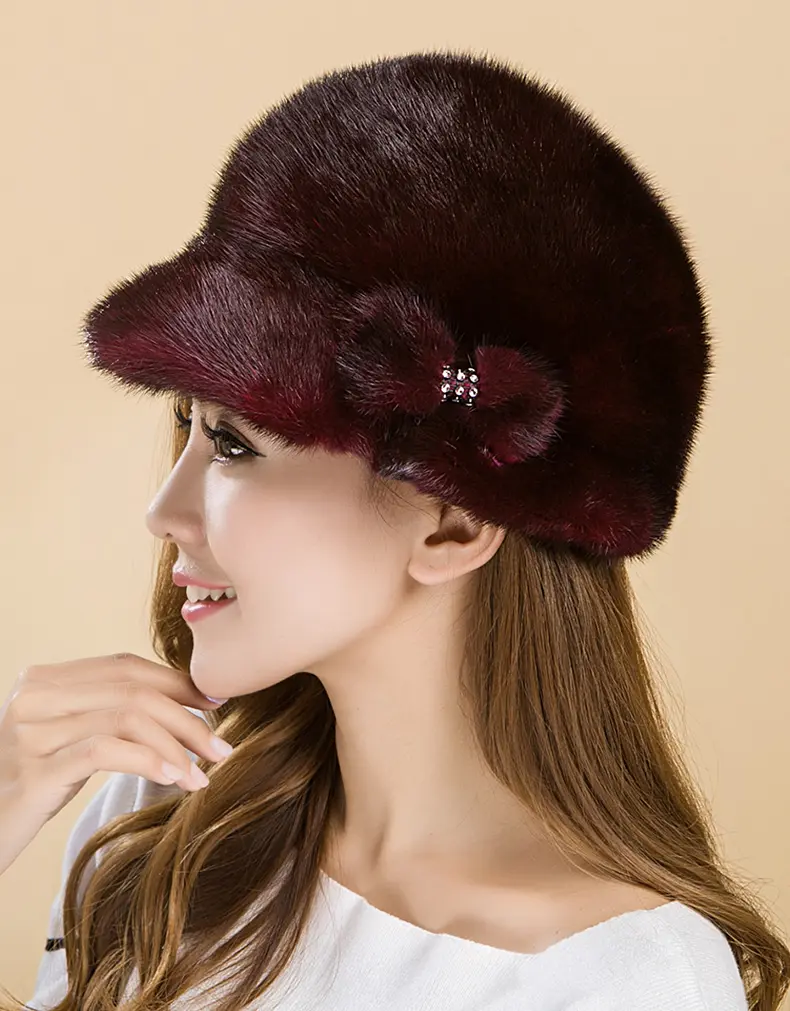 Genuine Whole Mink Fur Bucket Hat Women Luxury Winter Fur Cloche Hat With Rhinestone Flower