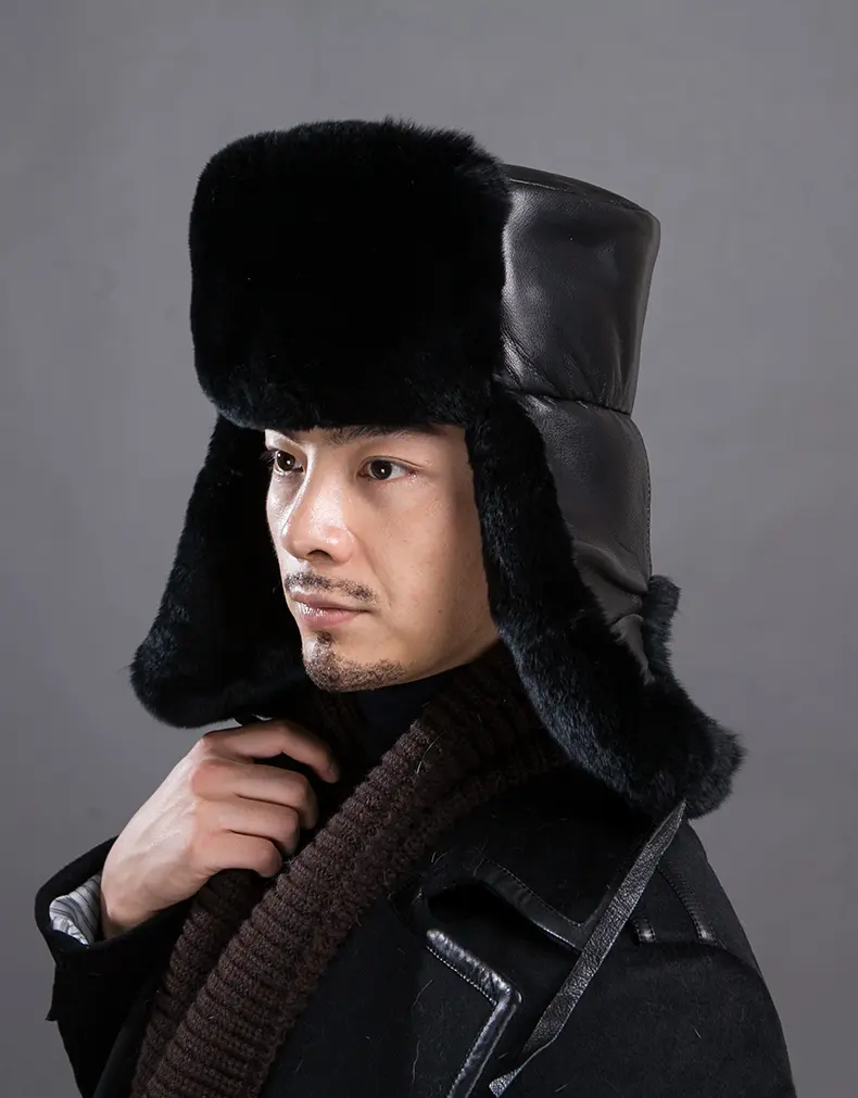 Men Sheepskin Trapper Hat with Rex Rabbit Fur Lining
