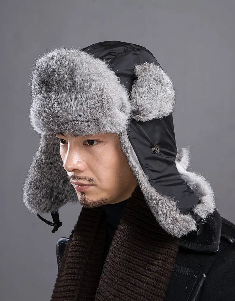 Men's Real Rabbit Fur Trapper Hat Black Winter Warm Ear Flap Trooper Hat