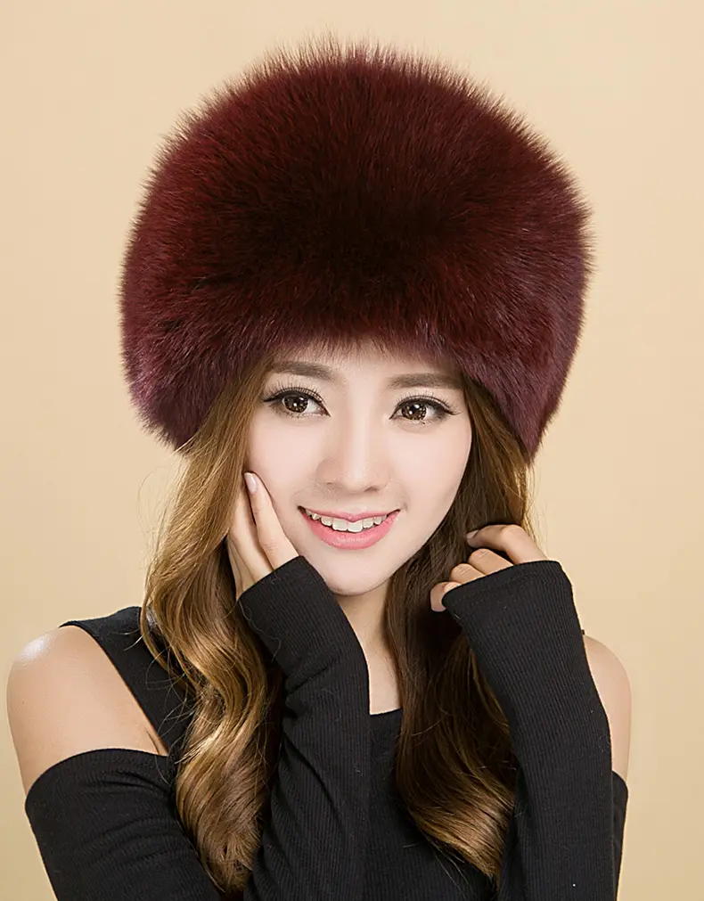 Burgundy fox fur Mongolian hat