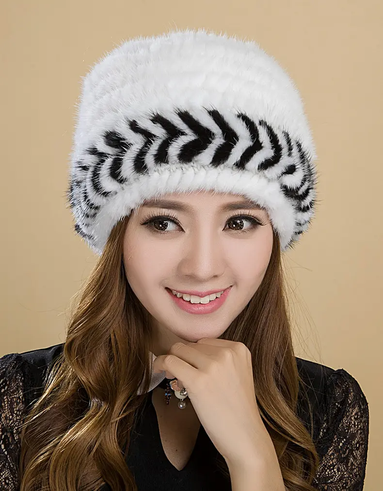 White mink fur knitted hat