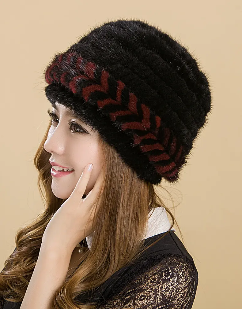 black and red color blocking mink fur knitted hat