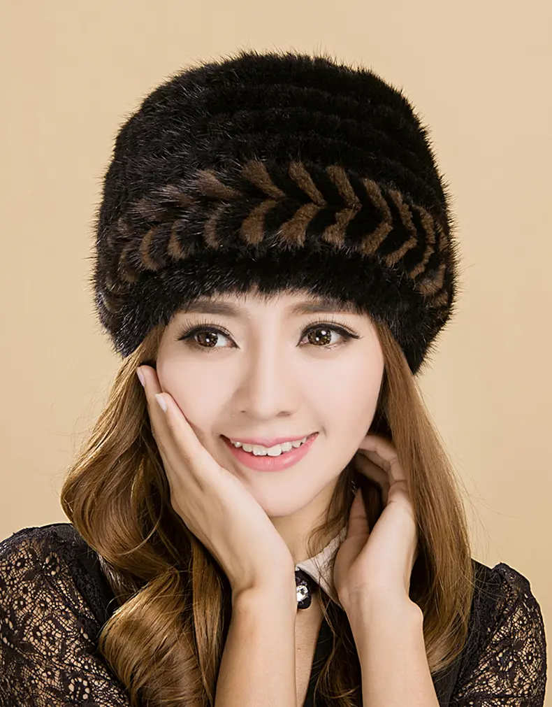 Black coffee color blocking mink fur knitted hat