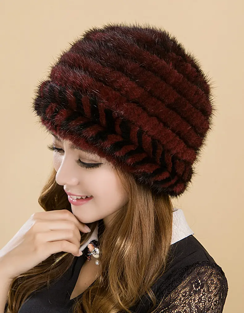 Burgundy mink fur knitted hat