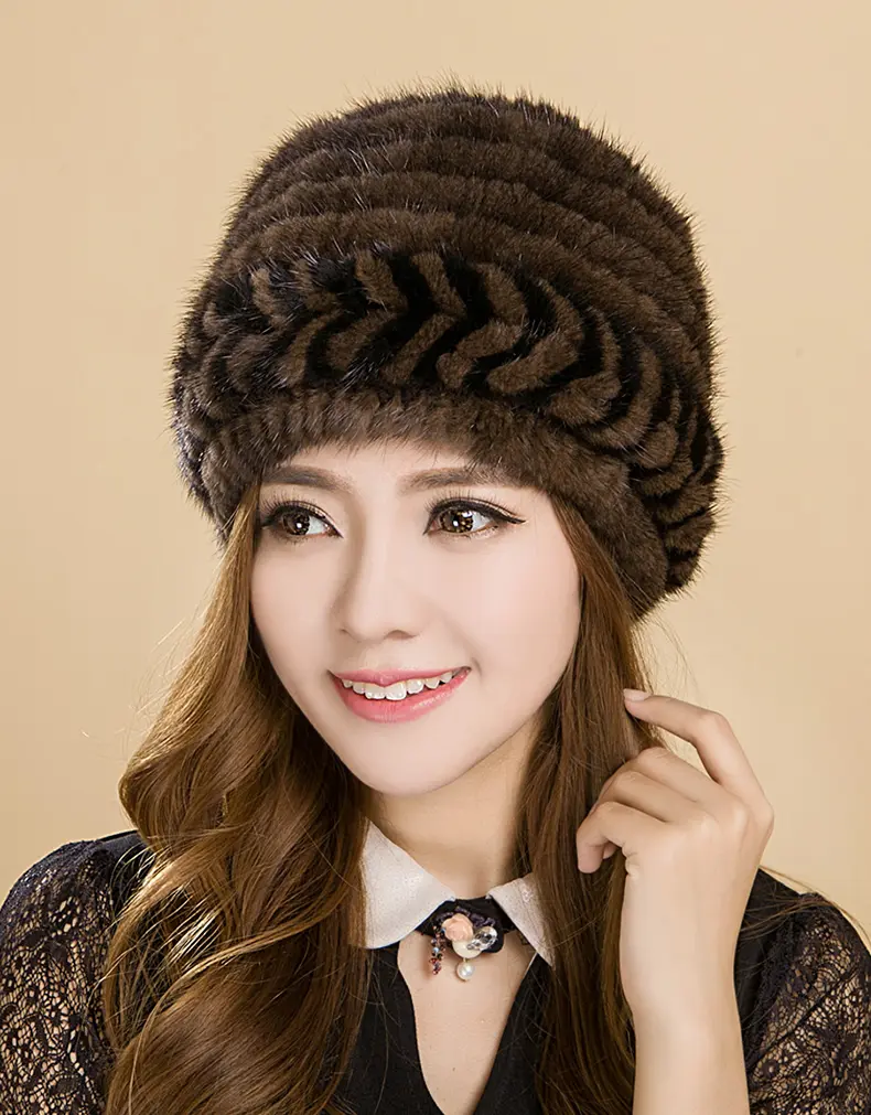 brown mink fur knitted hat