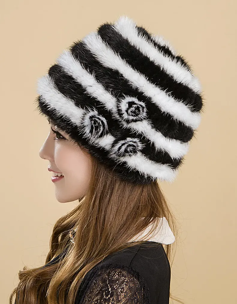 Black & White Mink Fur Knit Beanie with 3D Rose Accents 