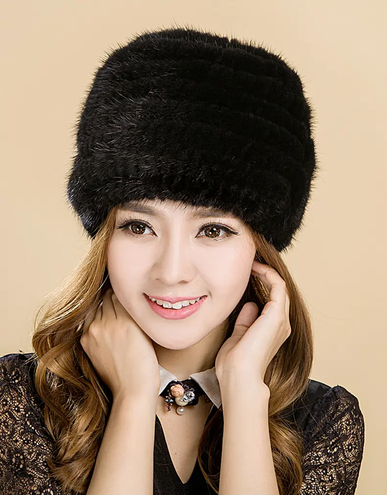 Women's 100% Real Mink Fur Knitted Beanie Hat with 3D Rose A