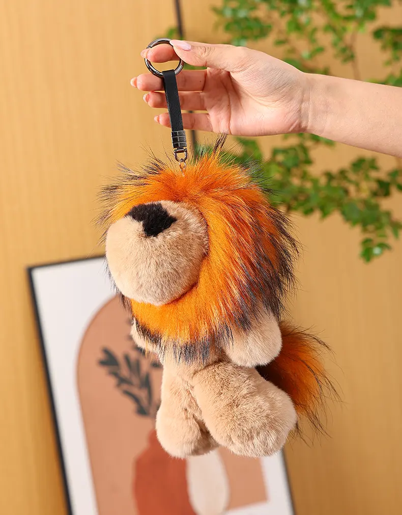 Medium Lion Keychain Pendant, Real Rex Rabbit Fur Body with Raccoon Dog Fur Mane, Fluffy Plush Lion Bag Charm, Luxury Fu