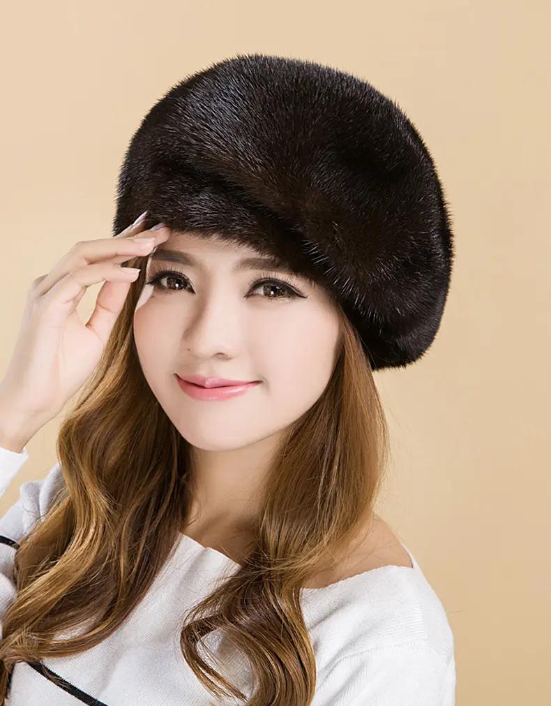 Dark Brown Whole Mink Fur Beret Hat For Women Real Luxury 