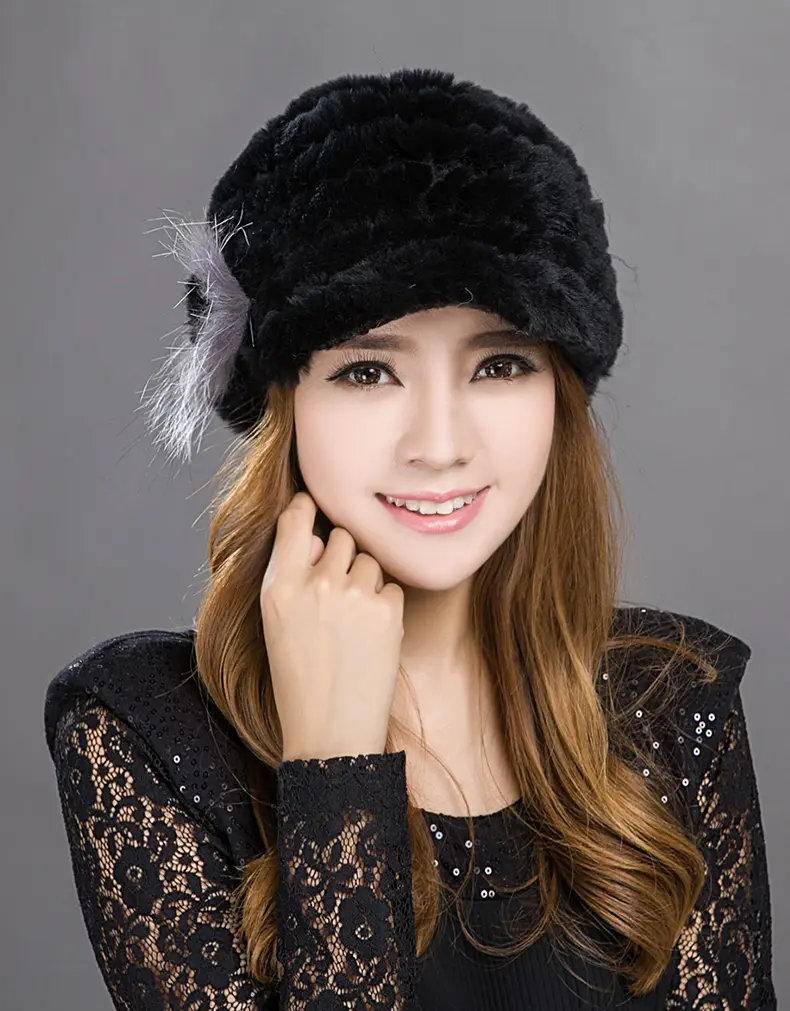 Women Solid Black Rex Rabbit Fur Peaked Cap Winter Warm Fluffy Fur Hat