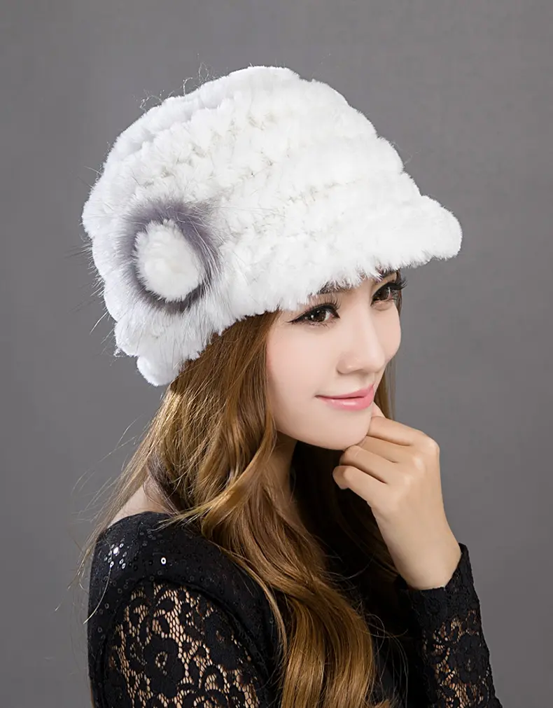 Women Knitted Rex Rabbit Fur Peaked Cap Winter Warm Fluffy Fur Hat