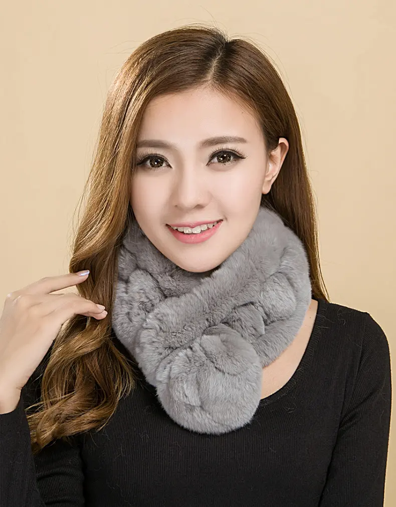 Real Rex Rabbit Fur Pom Pom Neck Warmer Women Winter Scarf